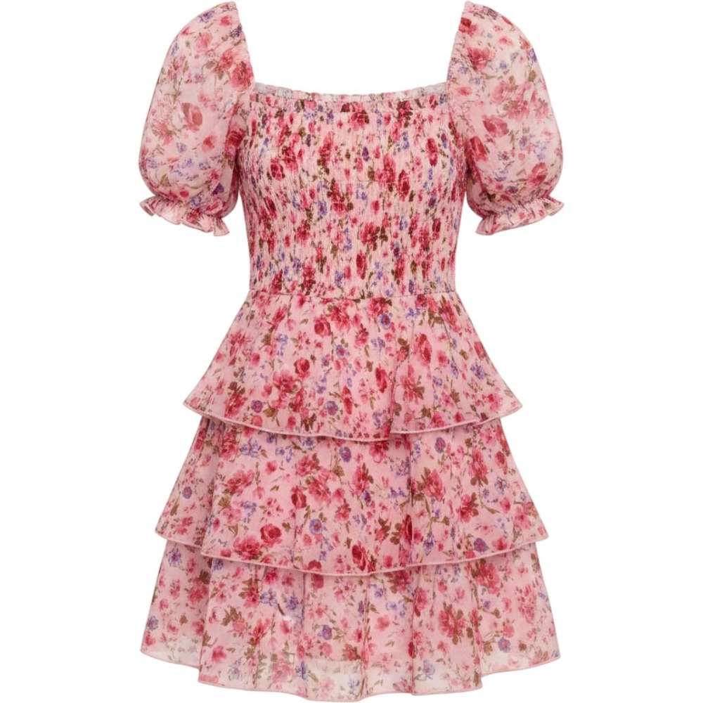 Thirty/Thirty LA Floral Tiered Smocked Chiffon Mini Dress XL Pink Cottagecore